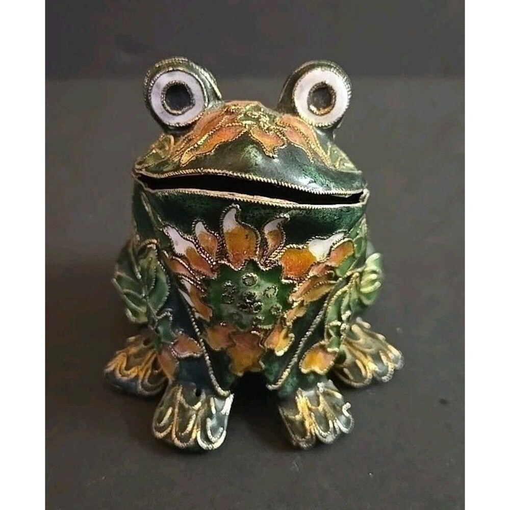 Vintage Victorian Treasures Cloisonne Frog Figurine Green Enamel Floral
